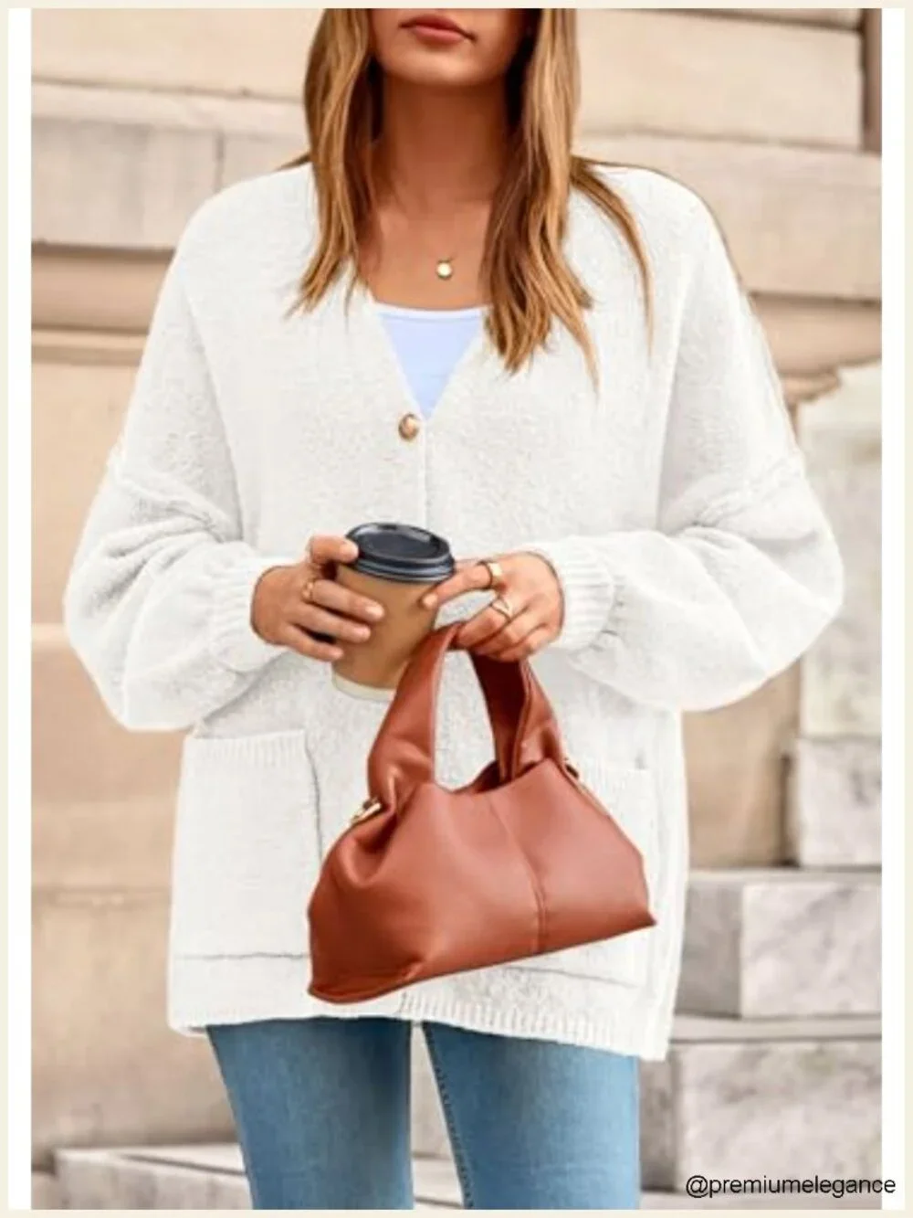 Chunky Cardigan Sweater with Lantern Sleeve Button Down Open Front Pockets